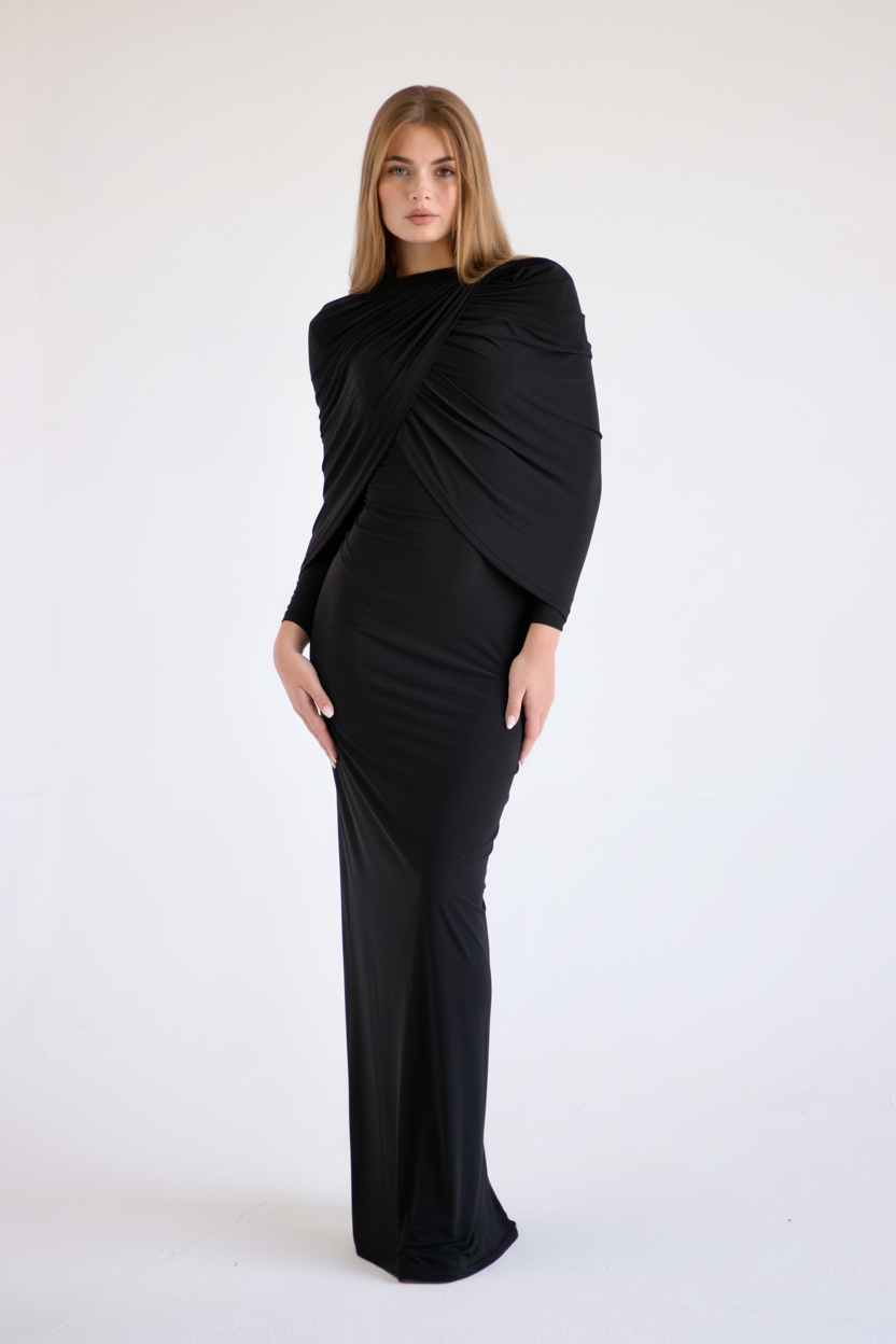 Jeanne Double-Layered Ruched Dress - Black