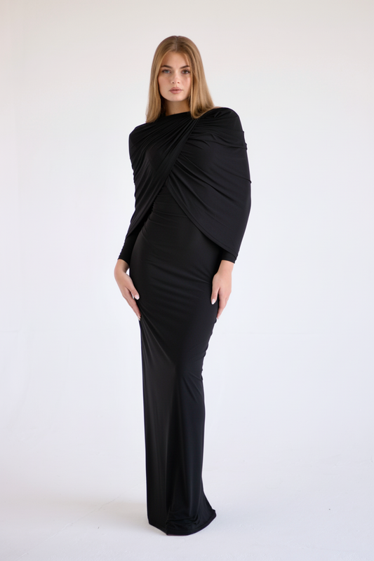 Jeanne Double-Layered Ruched Dress - Black