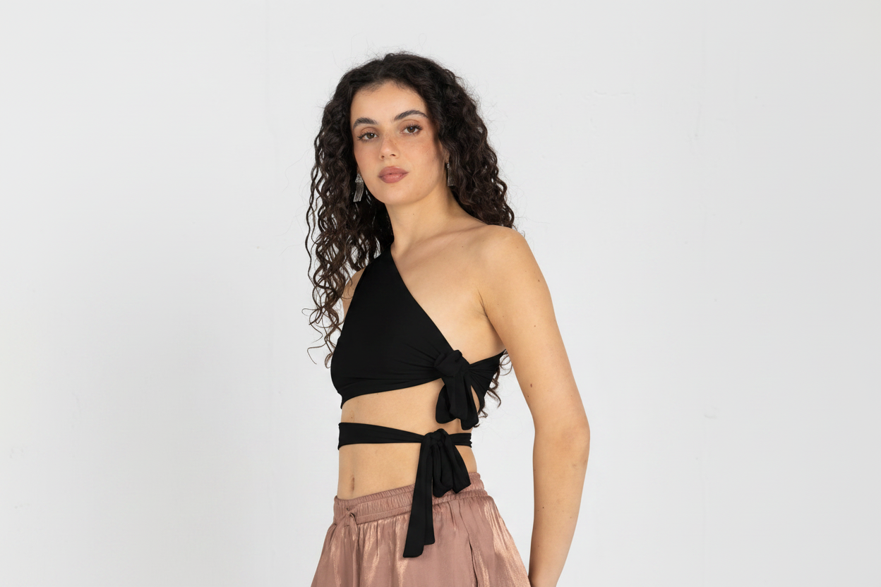 One-Shoulder Wrap Top – Black (Side)