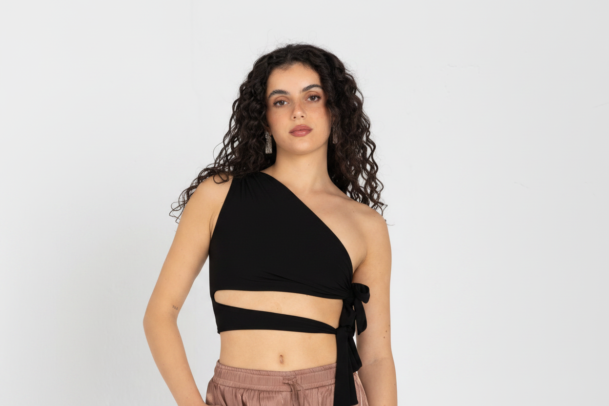 One-Shoulder Wrap Top – Black