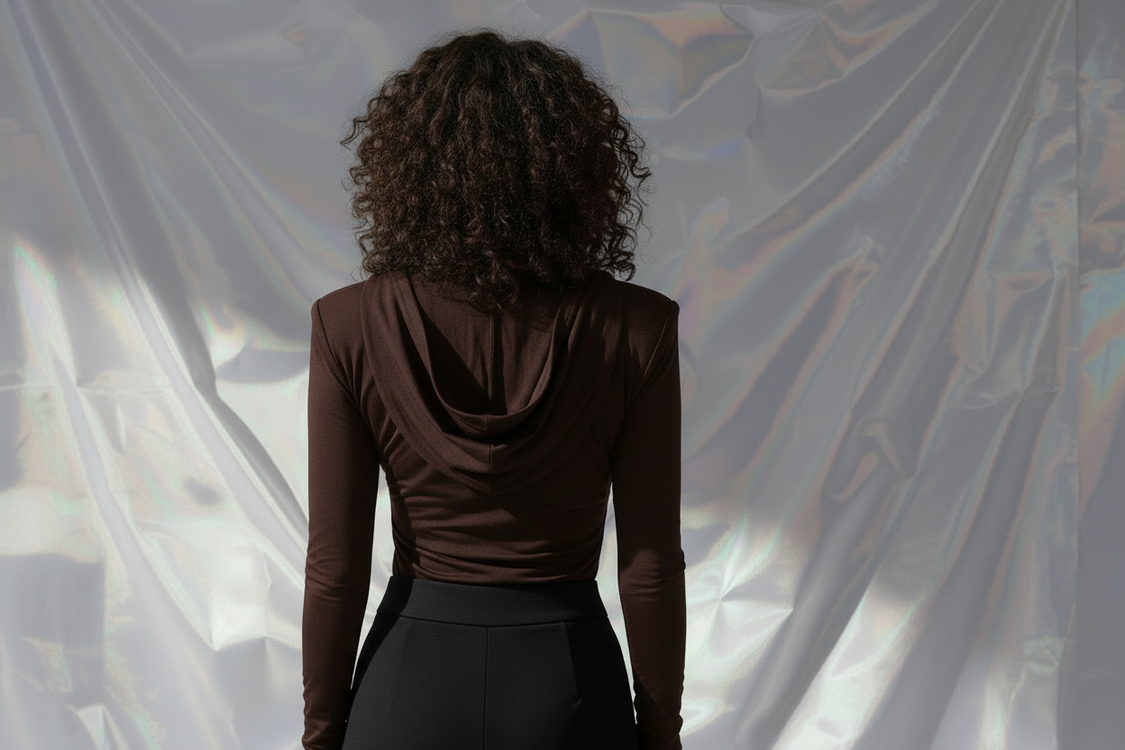 Thea Bodysuit Dark Brown - Hood Down Back View - Black Pants