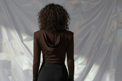 Thea Bodysuit Dark Brown - Hood Down Back View - Black Pants