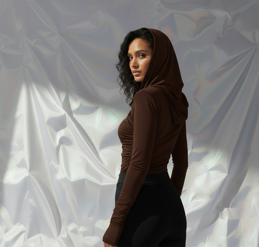 Thea Dark Brown - Hood Up Back Crop - Black Pants