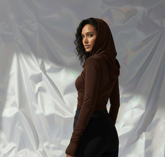Thea Dark Brown - Hood Up Back Crop - Black Pants