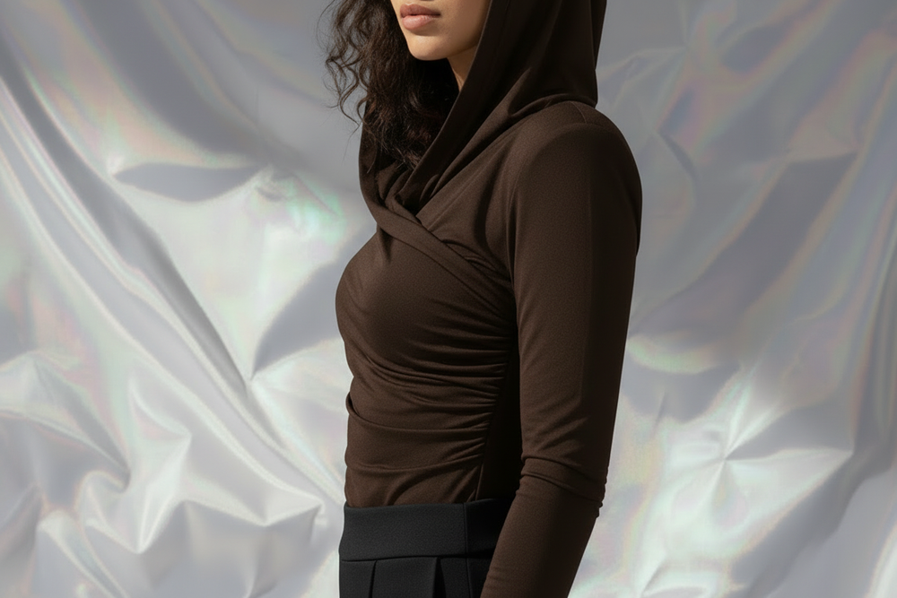 Thea Dark Brown - Hood Up Realistic Side - Black Pants