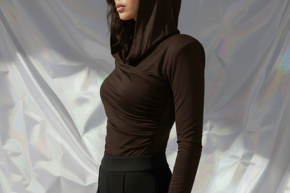Thea Dark Brown - Hood Up Side - Black Pants