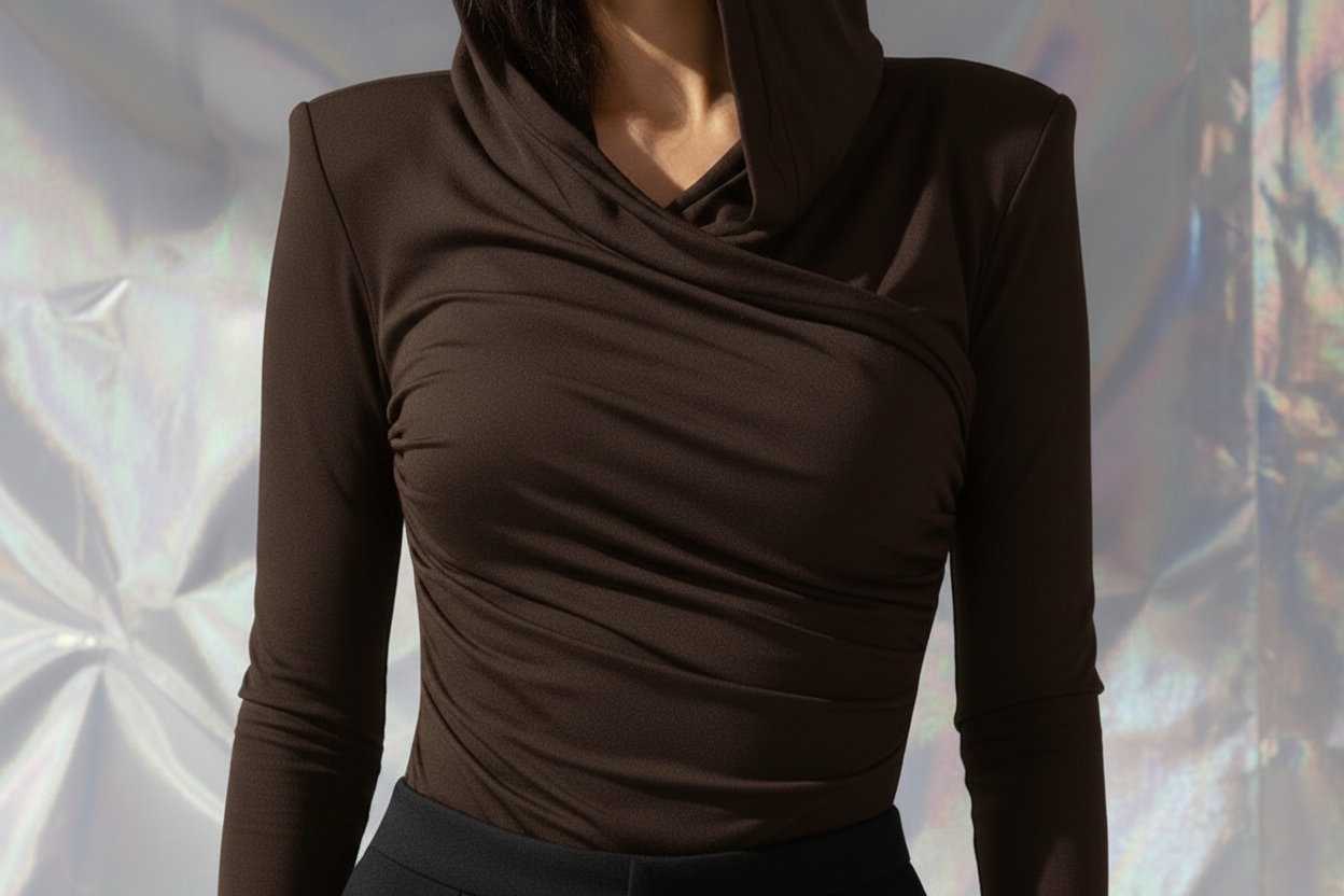 Thea Dark Brown - Hood Up Three Quarter - Black Pants