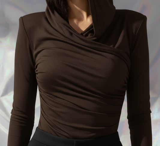 Thea Dark Brown - Hood Up Three Quarter - Black Pants