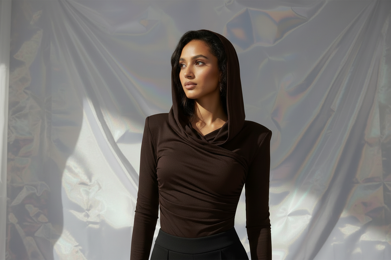 Thea Dark Brown - Hood Up Three Quarter Crop - Black Pants